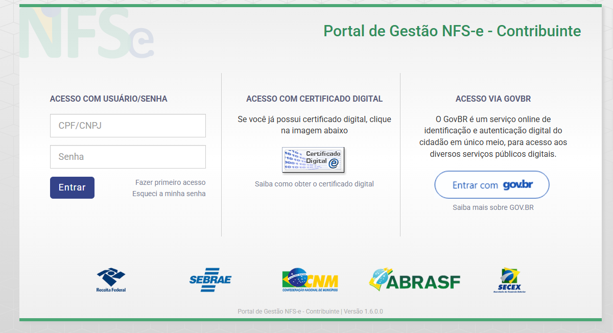 Tela do portal público com opções de acesso por usuário, certificado e gov.br