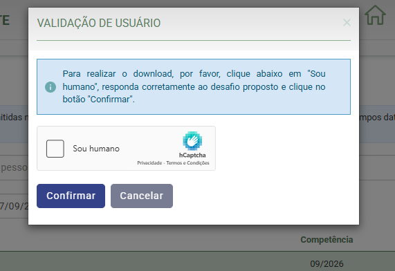 Janela de confirmação de validação de usuário para baixar documento